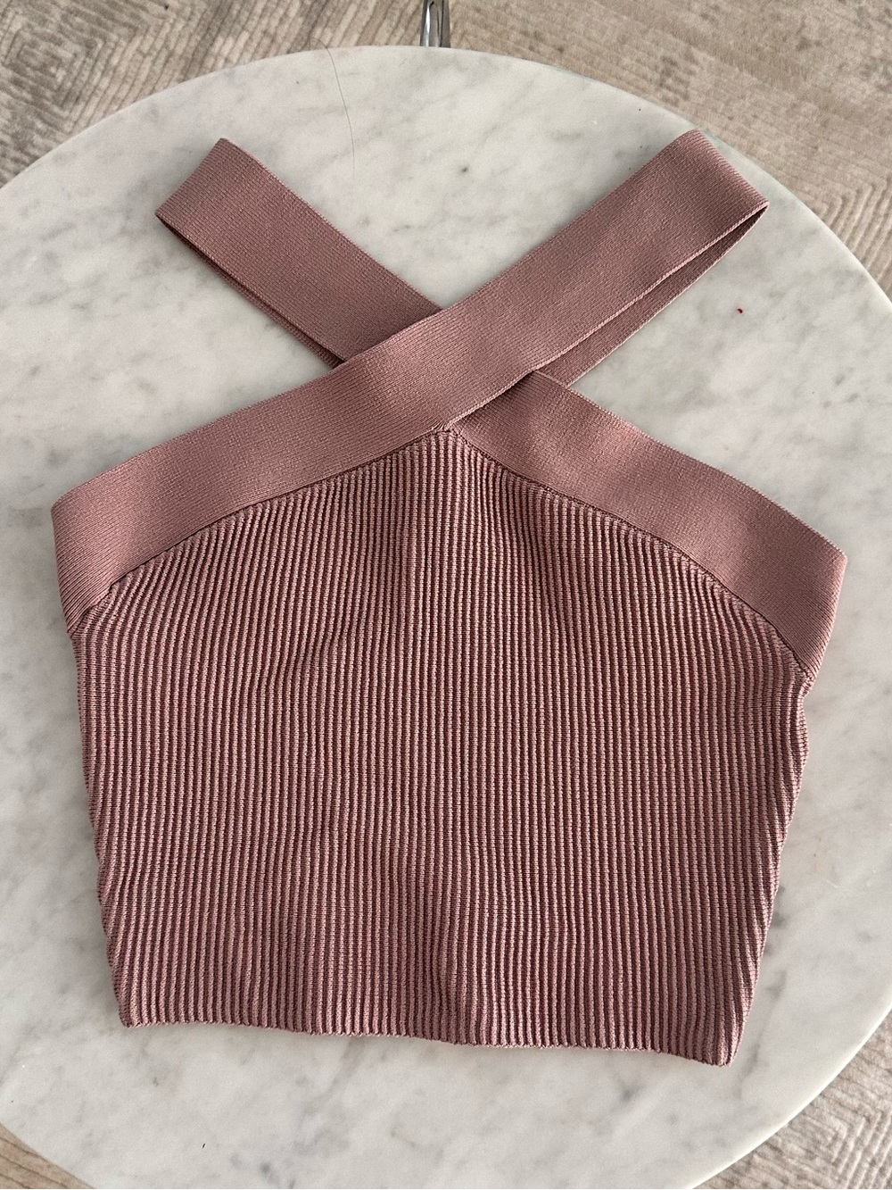 Babaton Ribbed Cross-Strap Crop Top - Mauve Pink